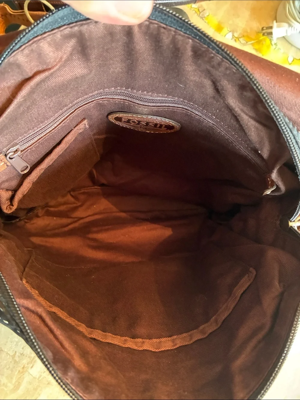 Fossil Black Nylon Messenger Bag with Brown Leather Trim euc